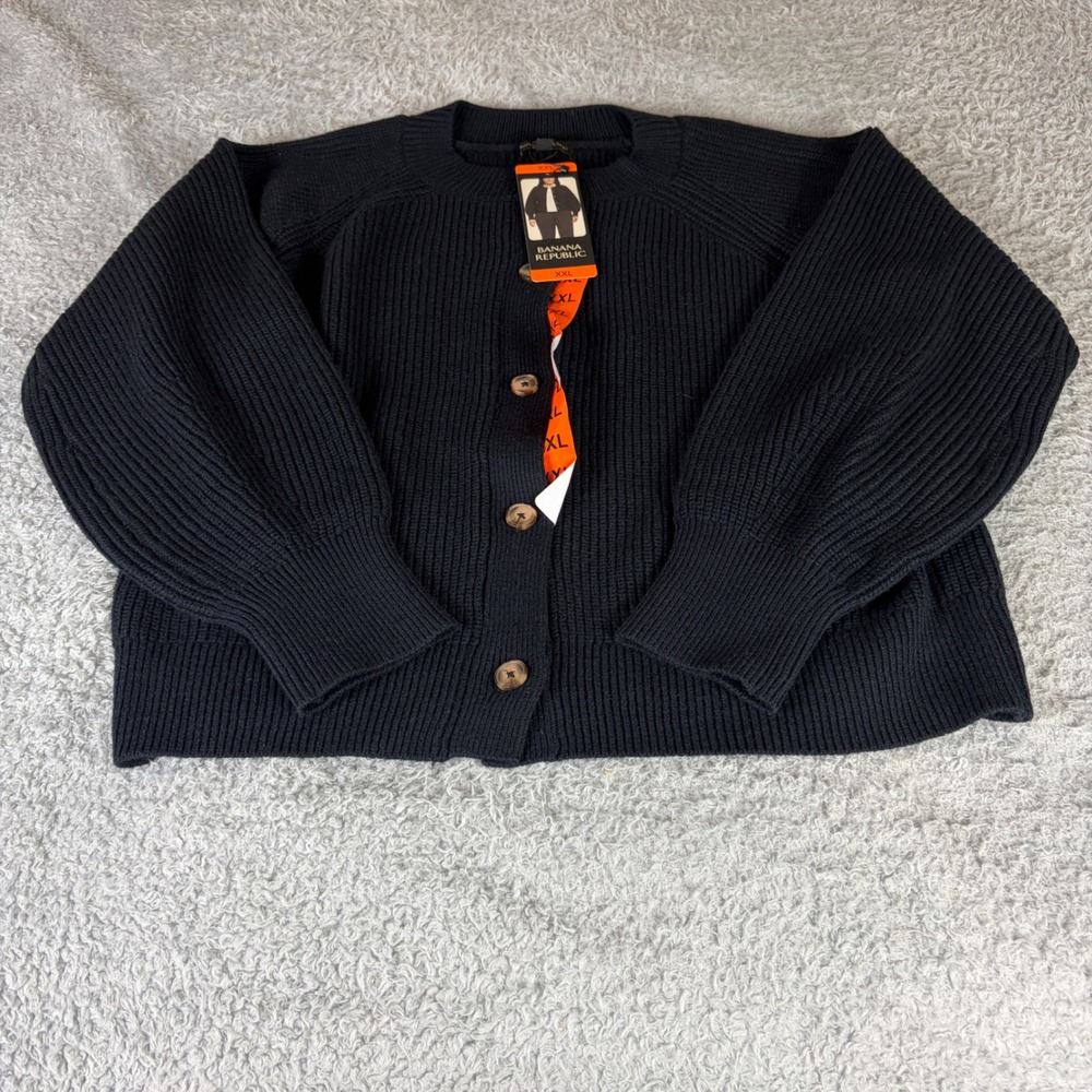 Banana Republic Womens XXL Black Shaker Rib Knit Button Front Cardigan Sweater